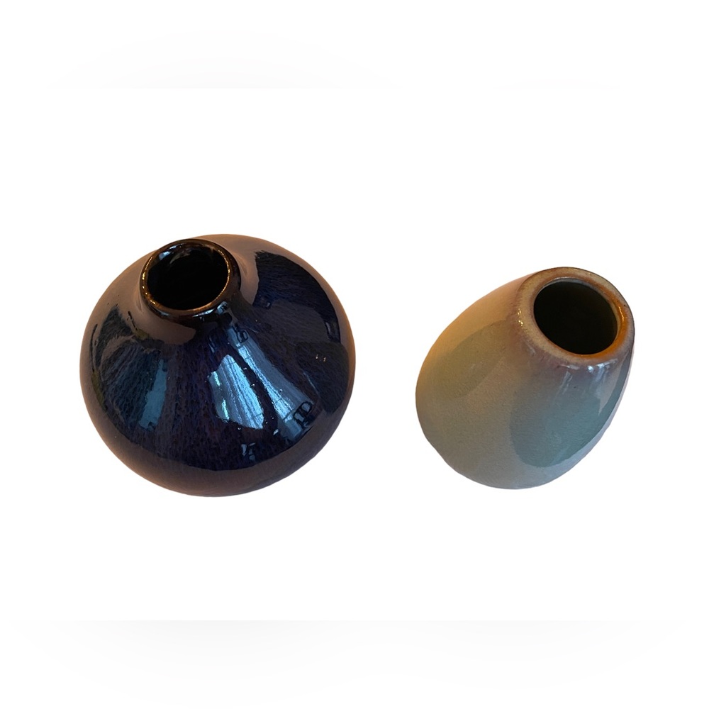 Set of 2 Blue Mini Hand-Glazed Ceramic Pottery Vases, 4" Tall - Picture 2 of 5
